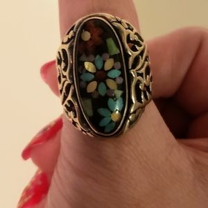 Carolyn Pollock Ring 8 floral inlaid vintage